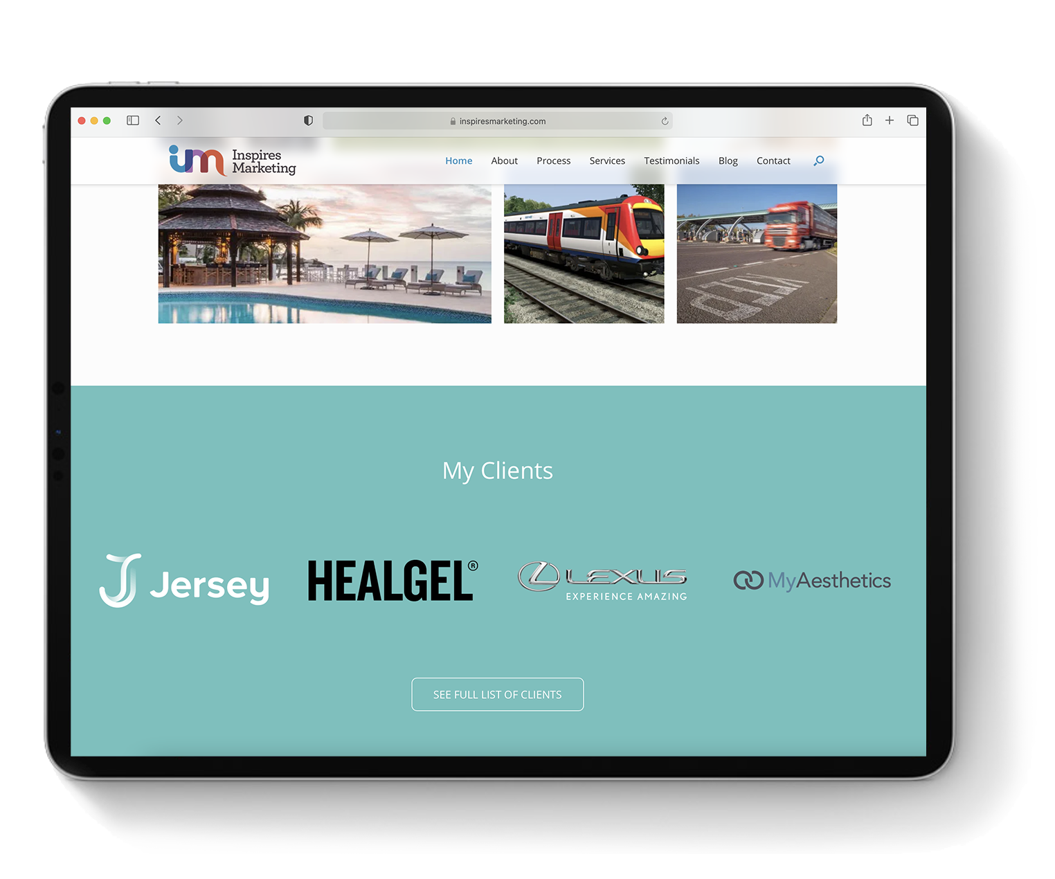 an i-pad showing Inspires Marketing clients' logos