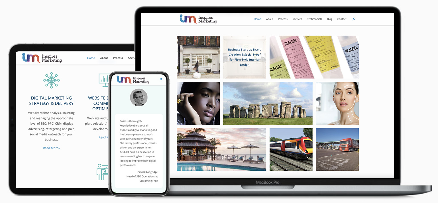 Different devices screens displaying Inspires marketing's services, testimonials and expertise sections
